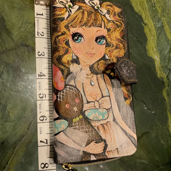 Hand-painted Rhinestones Denim Jean Fold Wallet with Girl Holding Rabbit NWOT - Picture 8 of 12